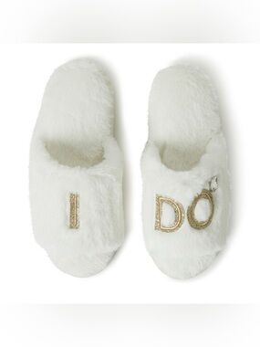 Dearfoams Lane Bridal I Do Fuzzy Slide Slipper Alabaster White size Small (5/6)